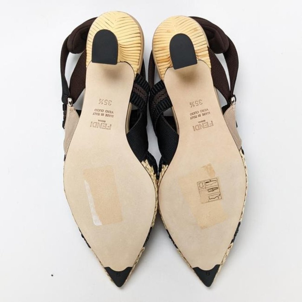 Fendi Black Beige Colibri Woven Raffia Slingbacks - Picture 4 of 5